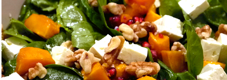 Meatless Mondays – Roasted Pumpkin Spinach Salad with Feta, Toasted Walnuts and Pomegranate